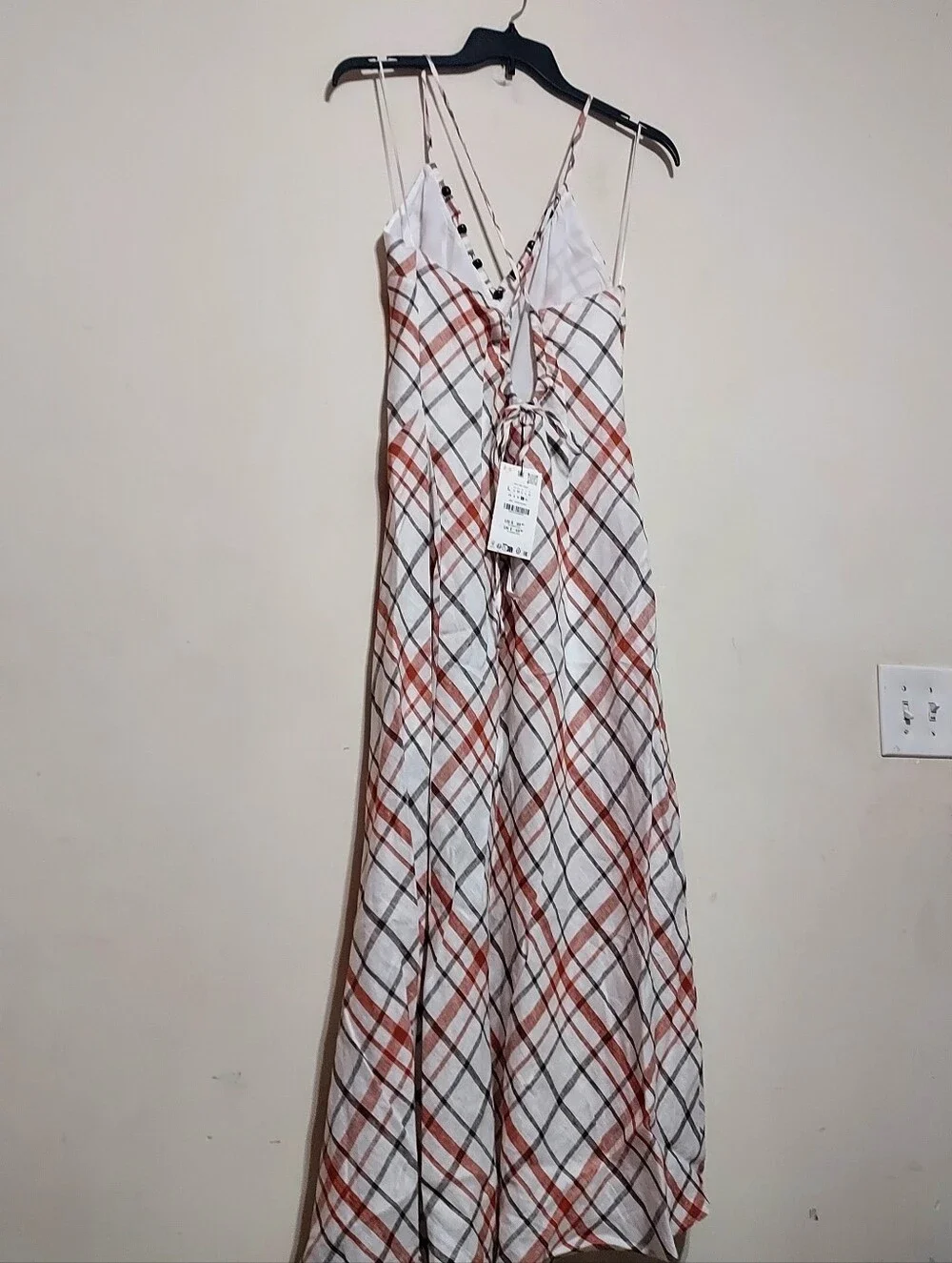 Zara 100% Linen Plaid Slip Strappy Casual Coastal  Maxi Dress with Beaded V-Neck